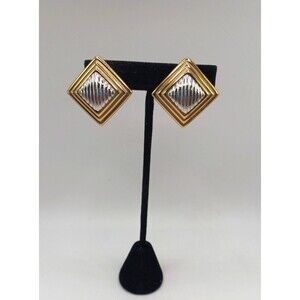 Vintage Christian Dior Clip Earrings Square Modernist Style 1980s Shiny Two Tone